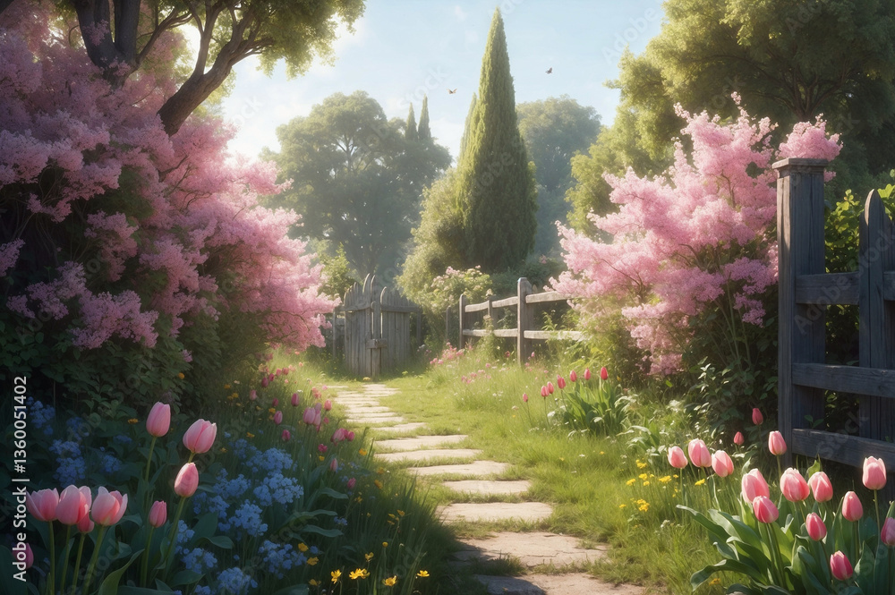 Fototapeta premium Charming garden gate surrounded by blooming tulips in spring 