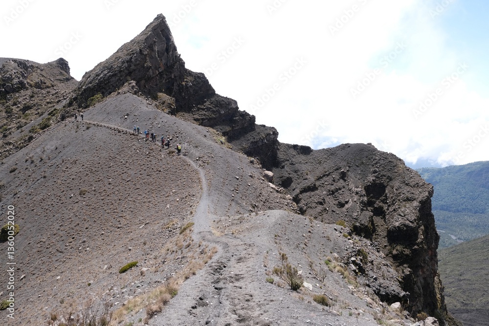 Mountain scenery with a group of people during trekking on Mount Meru, a volcano in Tanzania. Arusha National Park