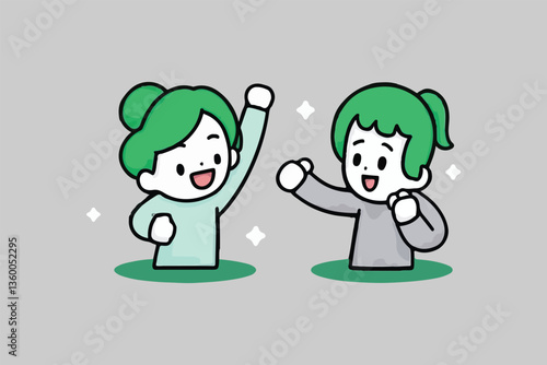 Two Characters Cheering: Green Accents, Celebration and Positive Interaction 