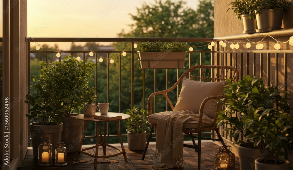 Fototapeta premium Cozy balcony view with chair, plants, and warm lights during sunset.