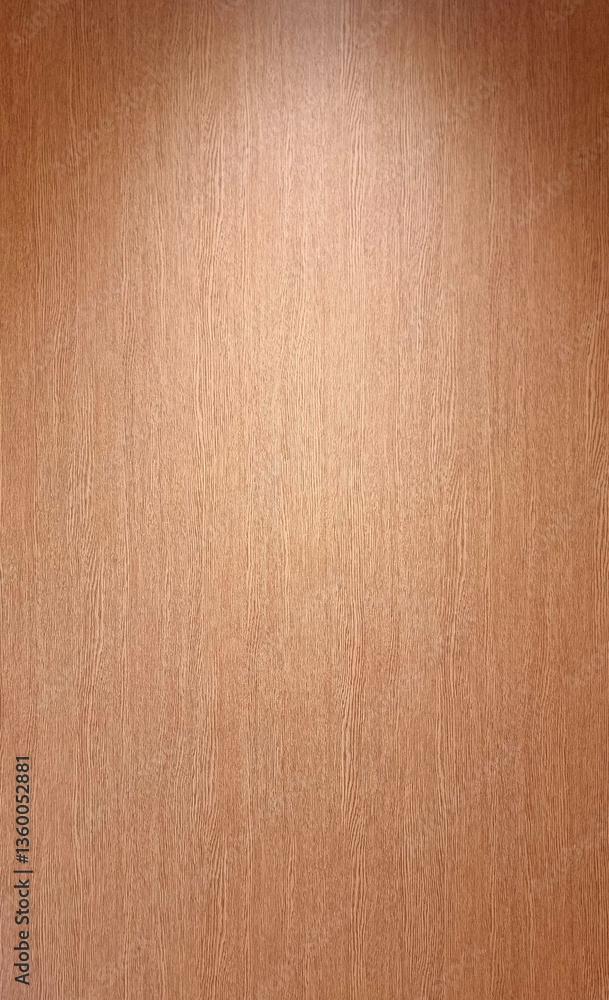 Fototapeta premium close-up photograph of warm brown wood panel with light beam from above, natural grain texture, suitable for use as a rustic background or a neutral surface in design projects.