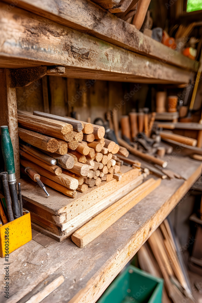 Woodworking tools and materials on shelves in workshop Woodworking tools and materials on shelves in workshop
