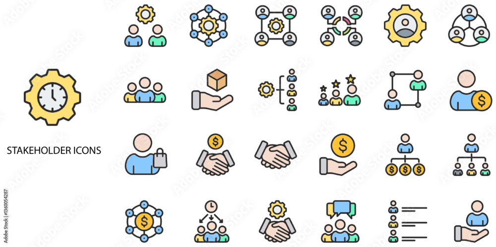 Obraz premium Stakeholder simple concept 24 color icons set. Contains such building exterior, stakeholder, organization .Vector illustration.