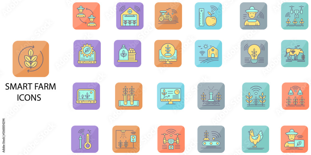 Smart Farm simple concept 24 color icons set. Contains such agriculture, farmer, harvesting, picking - harvesting .Vector illustration. Smart Farm simple concept 24 color icons set. Contains such agriculture, farmer, harvesting, picking - harvesting .Vector illustration.