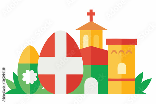 A vector illustration depicts the architectural icon of a church building, reminiscent of historical estates