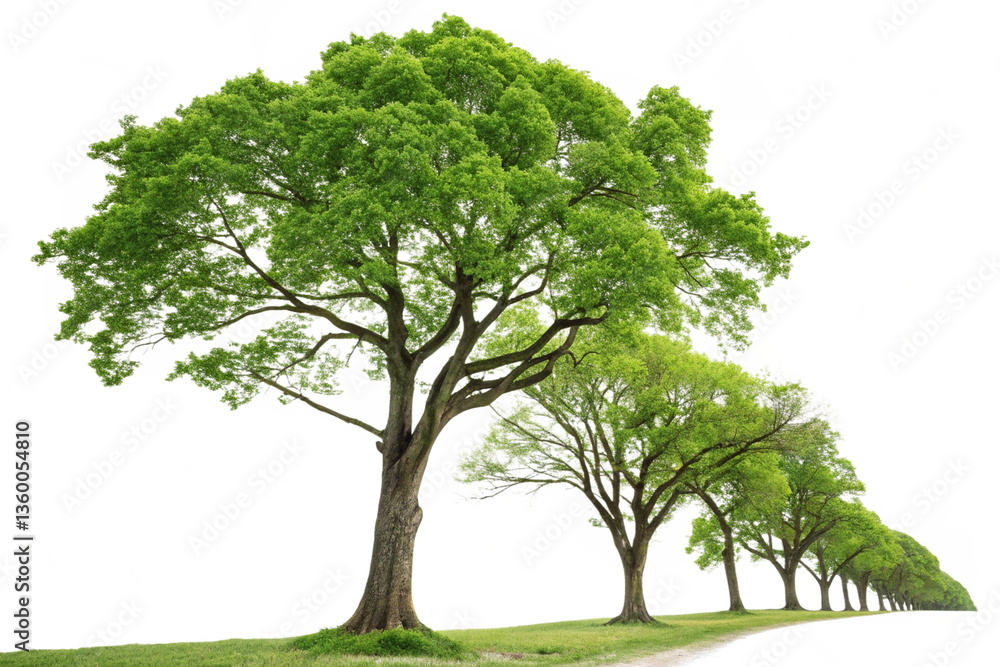 Majestic Green Trees Lining a Serene Country Road in Springtime Majestic Green Trees Lining a Serene Country Road in Springtime