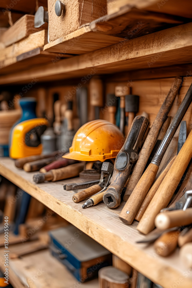 Workshop tools on wooden shelves, carpentry, craftsmanship Workshop tools on wooden shelves, carpentry, craftsmanship