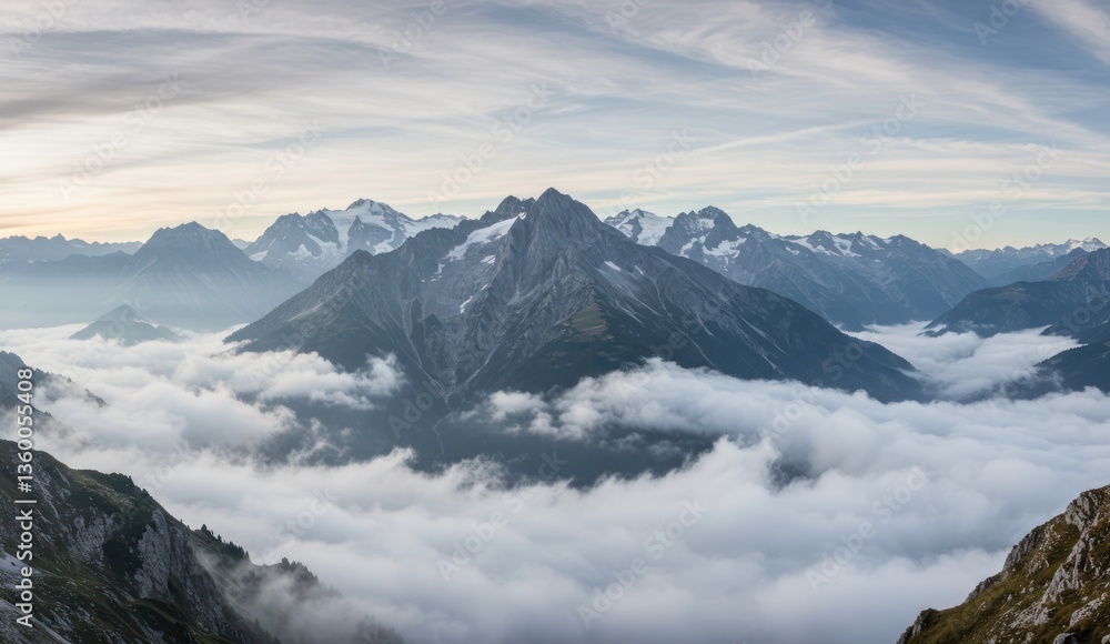 Fototapeta premium Sweeping mountain range amidst fog, a breathtaking alpine landscape.
