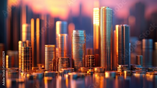 Real estate wealth, coins forming skyscrapers, 3D illustration. 