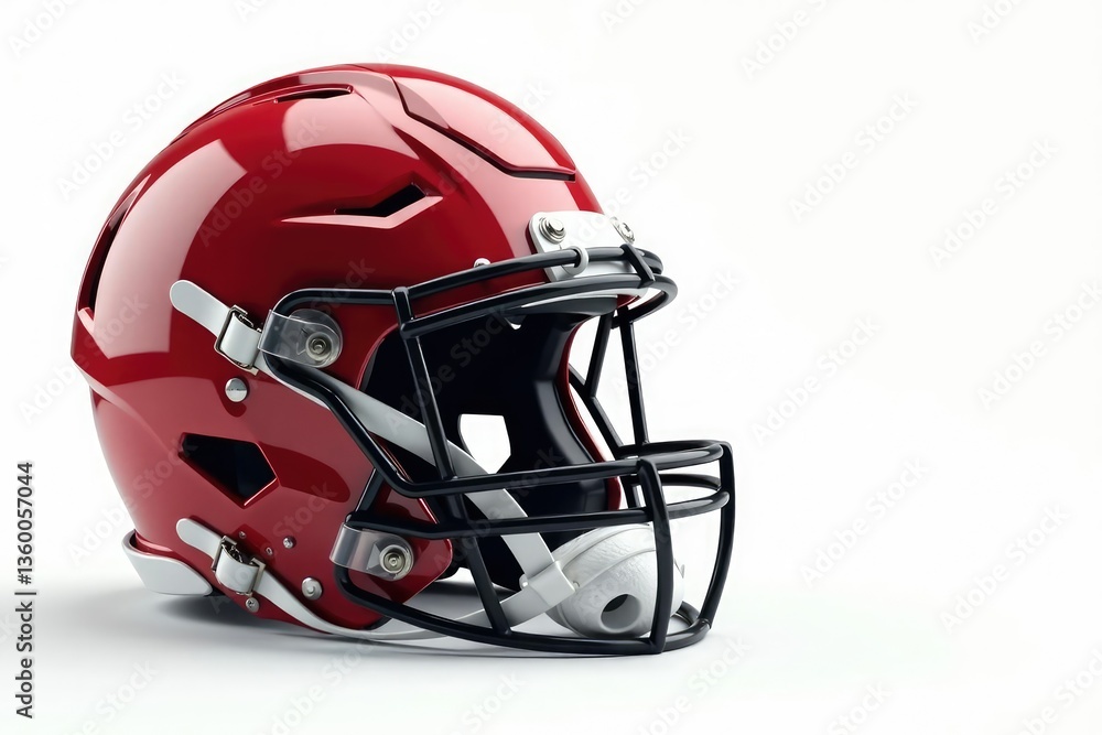 Fototapeta premium Isolated helmet, facemask visible against pure white backdrop , vintage, equipment, plastic