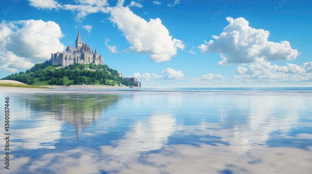 Fototapeta premium Serene Castle on Island with Reflections in Calm Water and Blue Sky
