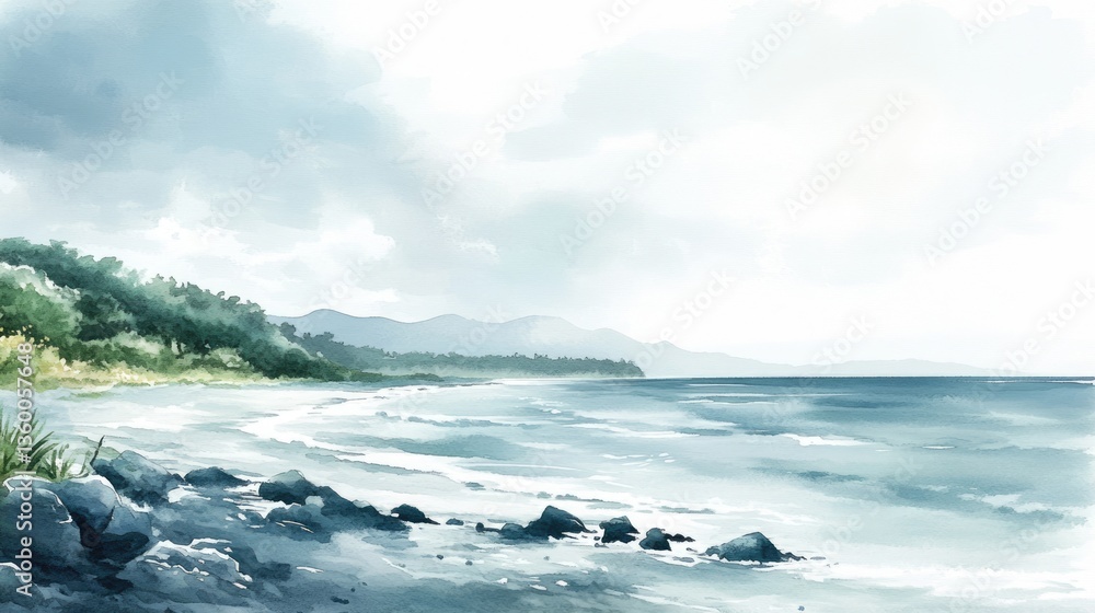 Obraz premium Serene Coastal Watercolor: Tranquil Beachscape with Mountains and Ocean