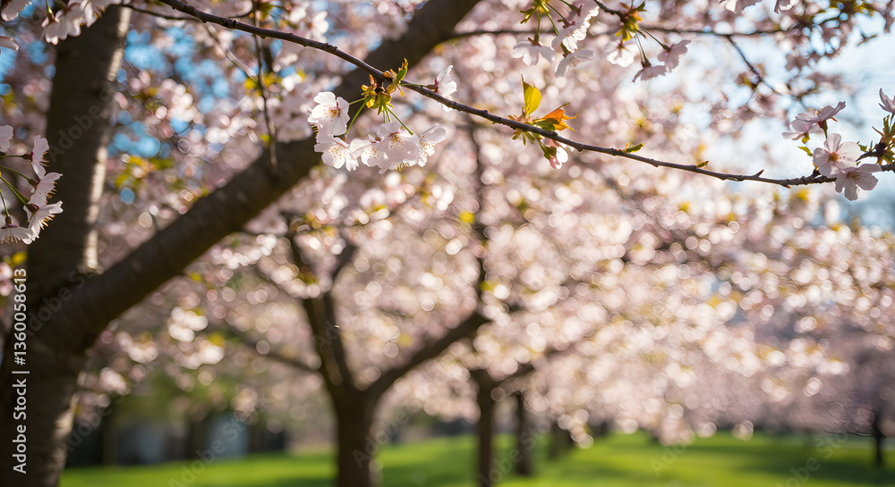 Sunlit Cherry Blossom Grove, Shallow Depth of Field, Spring Bloom Sunlit Cherry Blossom Grove, Shallow Depth of Field, Spring Bloom