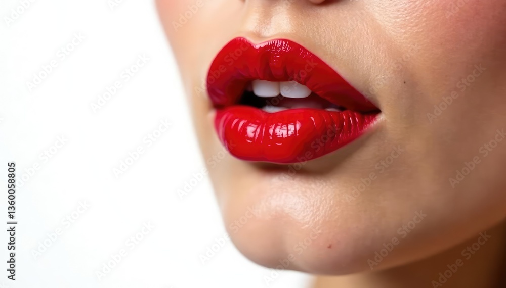 Obraz premium Close-up vibrant red lipstick, stark white backdrop, graphic, cosmetic