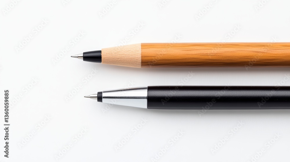 Wooden Pencil and Black Pen on White Background Wooden Pencil and Black Pen on White Background