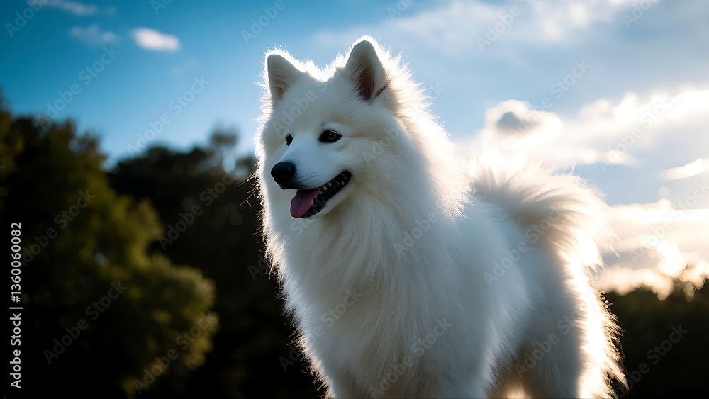 Fototapeta premium A fluffy white Samoyed dog stands outdoors, with a blue sky and scattered clouds in the background, surrounded by green trees, exuding a lively and cheerful atmosphere.