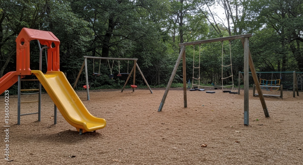Vibrant playground equipment in a verdant park setting, children's playscape Vibrant playground equipment in a verdant park setting, children's playscape