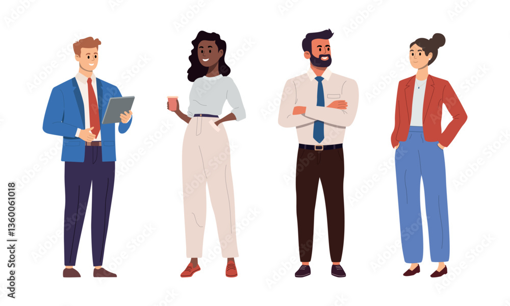 Fototapeta premium Diverse business people set. Vector illustration in flat style of diverse cartoon young men and women in office outfits. Isolated on background. Men and women employees, office workers, entrepreneurs.