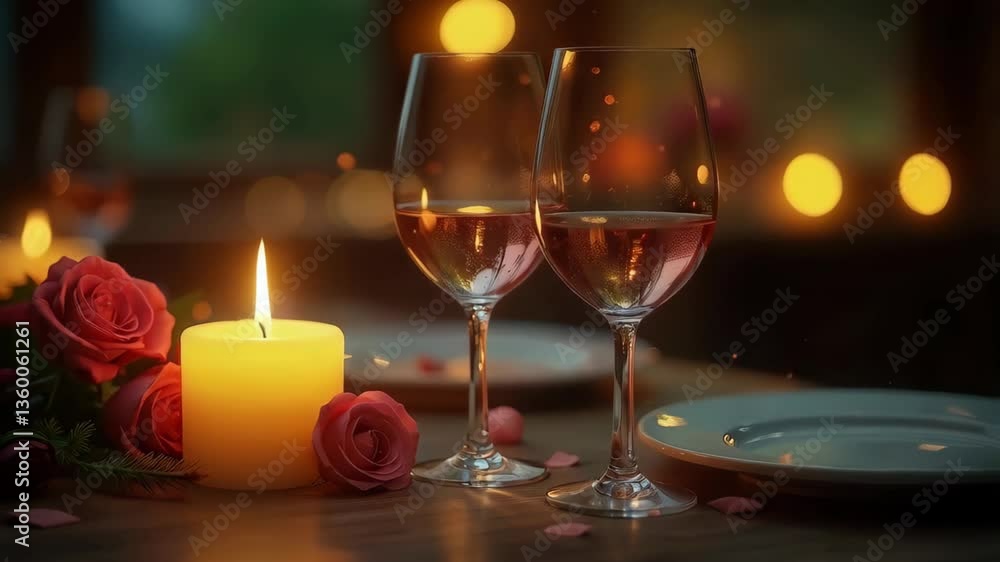 Romantic dinner setting with candles, wine glasses, and roses , saving energy concept. Romantic dinner setting with candles, wine glasses, and roses , saving energy concept.