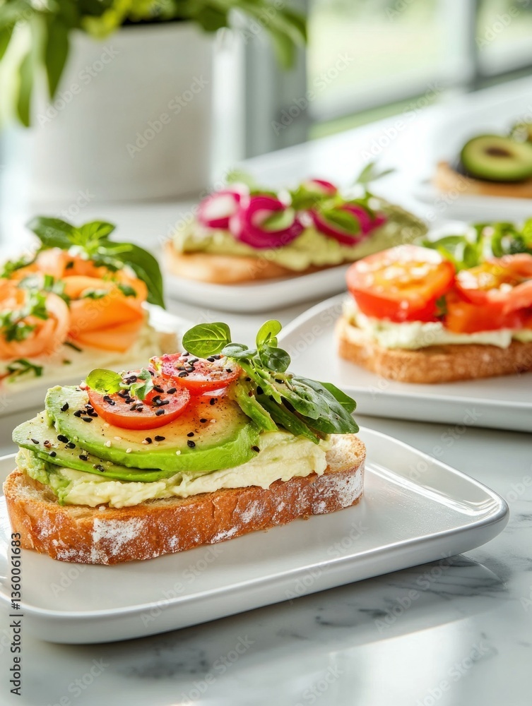 Fresh avocado toast with tomatoes and herbs on sourdough bread.