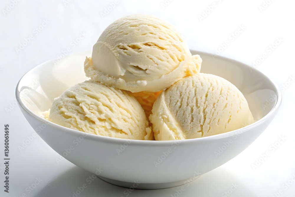 Three scoops of creamy vanilla ice cream in a white bowl on a white background a delightful summer treat Three scoops of creamy vanilla ice cream in a white bowl on a white background a delightful summer treat