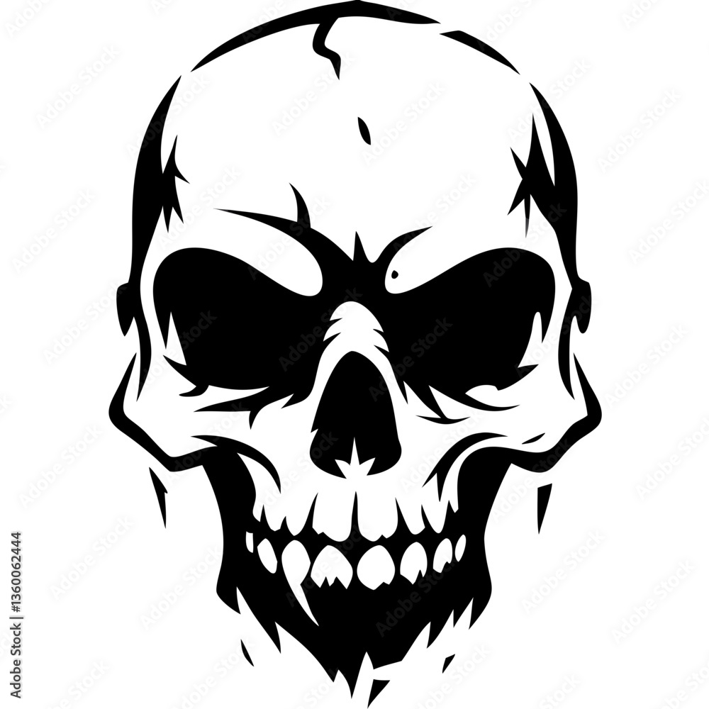 Fototapeta premium a human skull depicted in monochrome style, with an ominous and detailed representation. The skull features prominent eye sockets, nasal cavity, and teeth