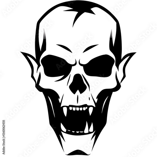 an evil looking monster skull with sharp fangs and pointed ears. It evokes a sense of darkness, terror and halloween spirit
