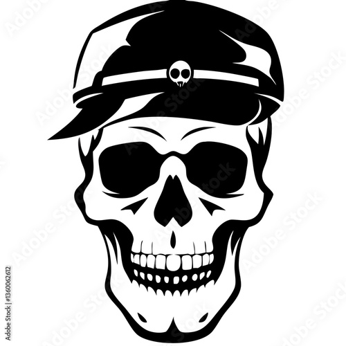 skull wearing hat, a bold and edgy illustration. The stark black and white design creates a striking image