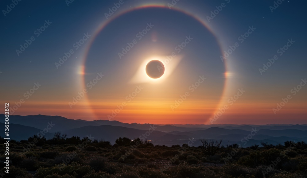 A stunning solar eclipse over a mountainous landscape during sunset or dawn. A stunning solar eclipse over a mountainous landscape during sunset or dawn.