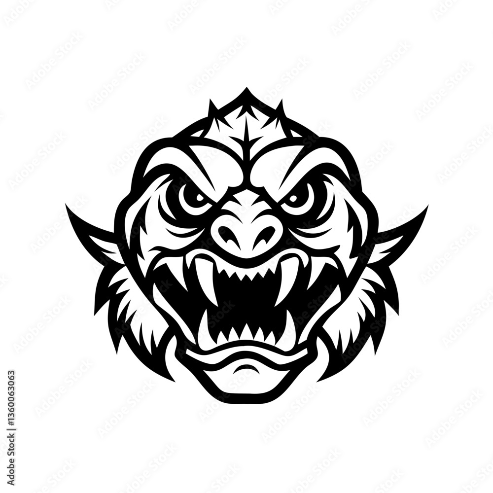 Fototapeta premium An intense, black-and-white illustration of a fierce, monstrous creature's face, teeth bared in a threatening snarl. This artwork exudes power and intimidation