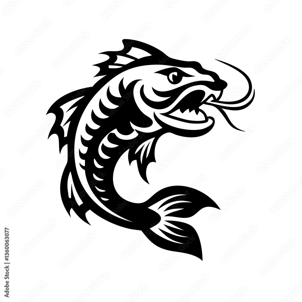 Obraz premium stylized catfish illustration, black and white, leaping