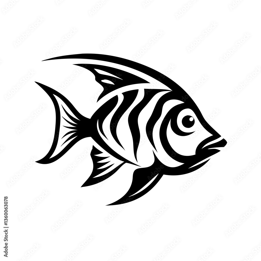 Fototapeta premium Black and white illustration of a striped fish with fins. The fish is shown in profile view, with its body angled slightly to the right. The illustration has a stylized and graphic quality