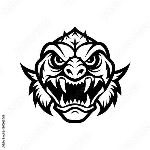 An intense, black-and-white illustration of a fierce, monstrous creature's face, teeth bared in a threatening snarl. This artwork exudes power and intimidation