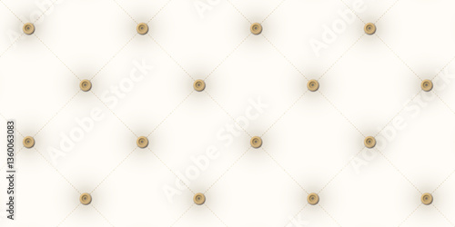 3D light cream upholstery leather texture background with brass buttons and dash line seamless pattern graphic illustration.