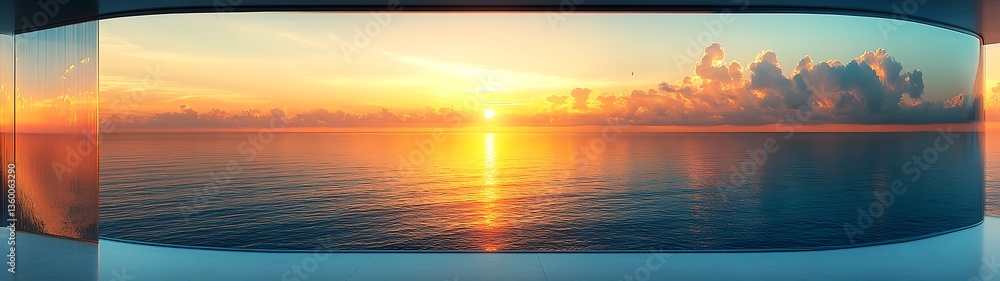 Fototapeta premium A beautiful sunset over a calm ocean view through a window