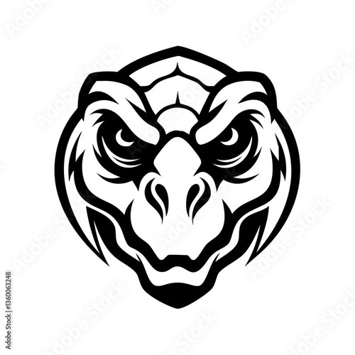 A stylized illustration of a dinosaur head, showcasing a fierce and imposing look. The black and white contrast creates a dramatic effect