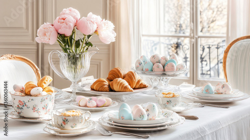 Wallpaper Mural Elegant Easter brunch Pastel macarons, Easter eggs, croissants, soft light from window, fine china. Torontodigital.ca