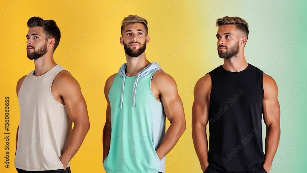 Three young men posing in stylish sleeveless shirts against a vibrant gradient background Three young men posing in stylish sleeveless shirts against a vibrant gradient background