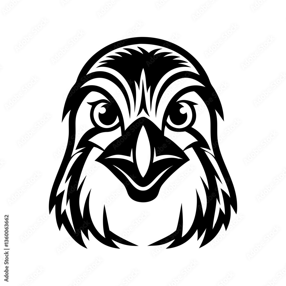 A black and white illustration of a penguin's face, the illustration showcasing the distinctive facial features of the bird A black and white illustration of a penguin's face, the illustration showcasing the distinctive facial features of the bird