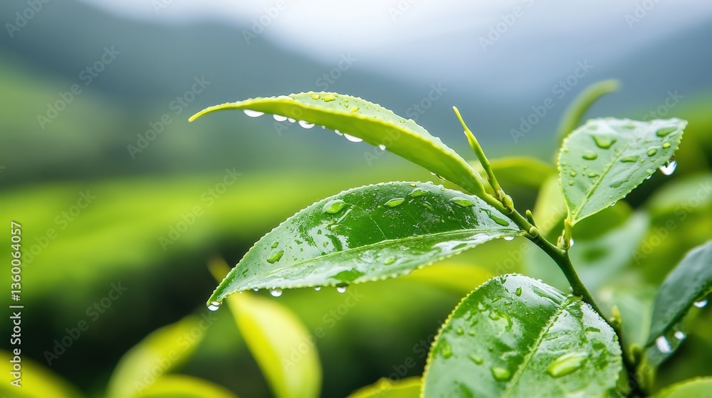 Obraz premium Macro Shot of Water Droplets on Tea Tree Leaves Reflecting the Natural Environment