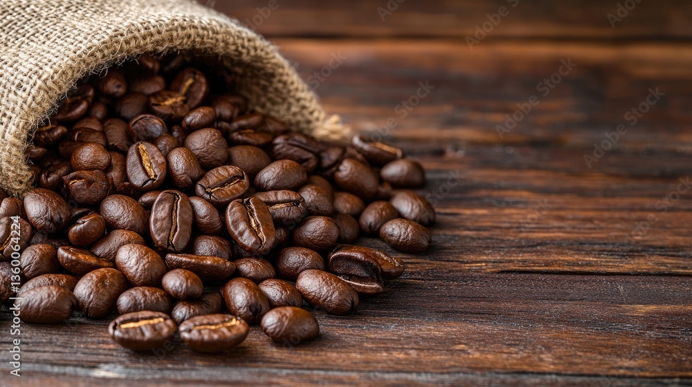 Freshly Roasted Coffee Beans Spilling from Burlap Sack on Table Freshly Roasted Coffee Beans Spilling from Burlap Sack on Table