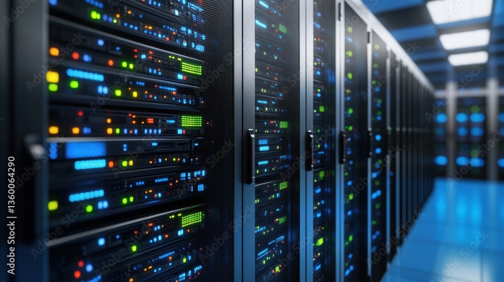 Rows of Sleek Black Server Racks in a Modern Data Center with Colorful Indicator Lights Creating a Stunning Technological Infrastructure Visual Scene Rows of Sleek Black Server Racks in a Modern Data Center with Colorful Indicator Lights Creating a Stunning Technological Infrastructure Visual Scene