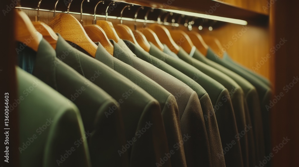 Obraz premium A neatly arranged row of tailored suits hanging in a wooden wardrobe, showcasing elegance and style