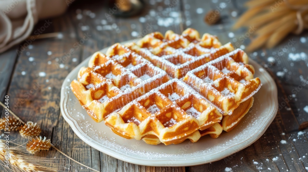 Top view baked waffles with strawberry fruit in plate on the table Top view baked waffles with strawberry fruit in plate on the table