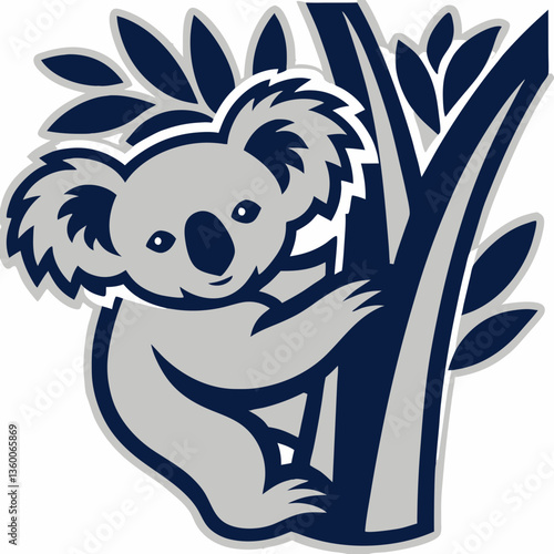 a friendly koala is depicted, playfully perched on a tree