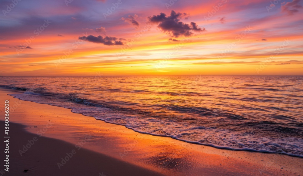Fototapeta premium Fiery sunset over a tranquil beach, waves lapping on the shore, golden hour glow.
