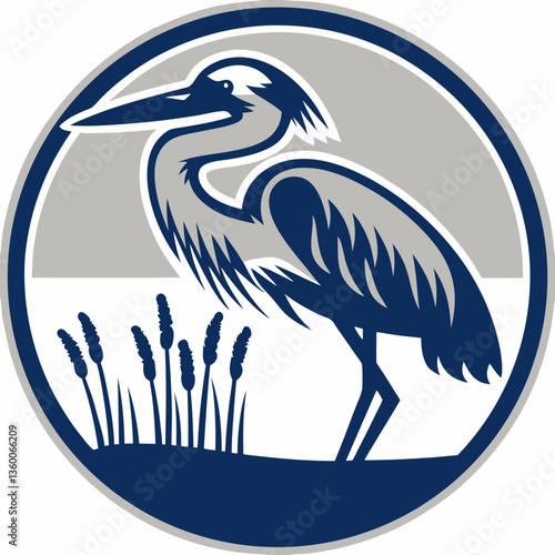 Illustration of a great blue heron standing in a wetland environment, in a circle logo