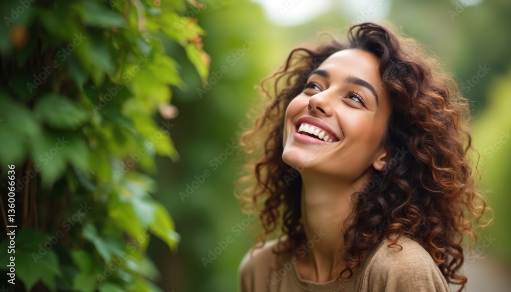 Naklejka premium Portrait young woman with beautiful curly hair smiles in nature. Happy girl with perfect white teeth and fresh healthy skin. Beauty, skincare, spa. Outside, sunny weather, joy.