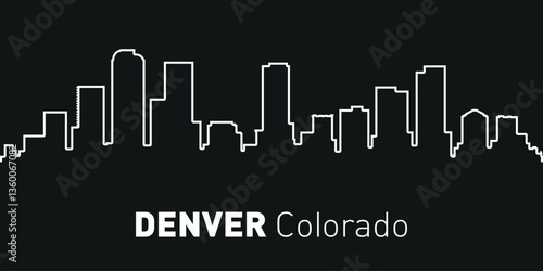 The stylized contour silhouette of the Denver, Colorado skyline is made in a minimalist style