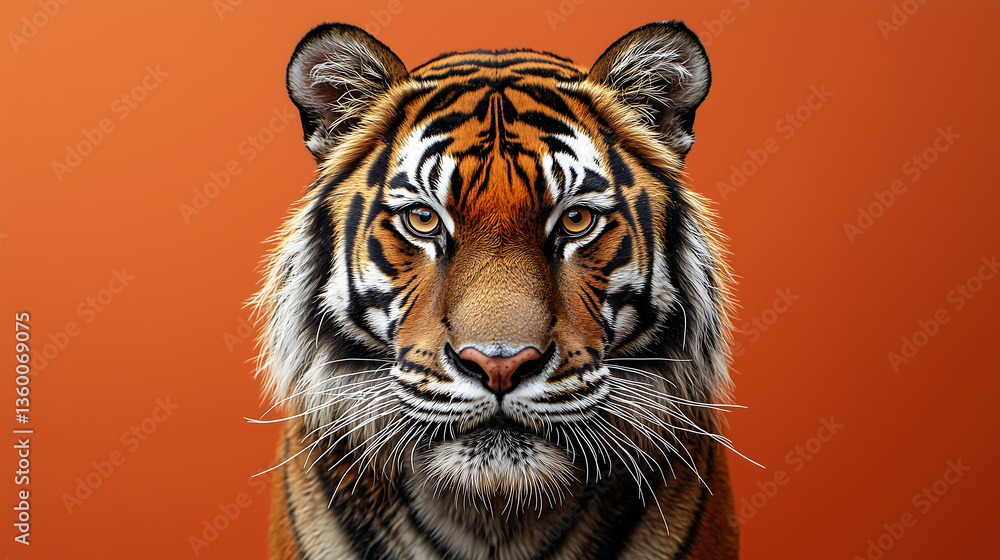 Fototapeta premium Majestic Tiger Portrait with Intense Gaze and Striped Fur Against Vibrant Orange Background for Wildlife Themes